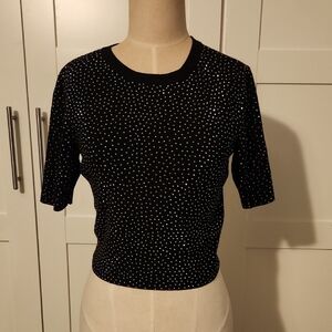 Alice + Olivia Black Sequin Ciara Cropped Crystal-Embellished Knitted Top Size M